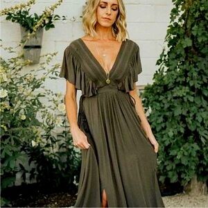 Baltic Born Olive Green Midi Dress with Deep V and Ruffle Sleeves